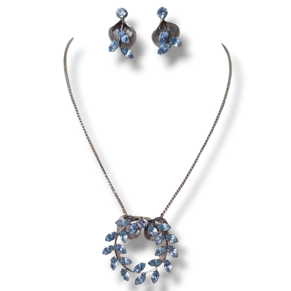 Vtg Van Dell Sterling Silver Blue Rhinestones Wreath Necklace & Earrings Set